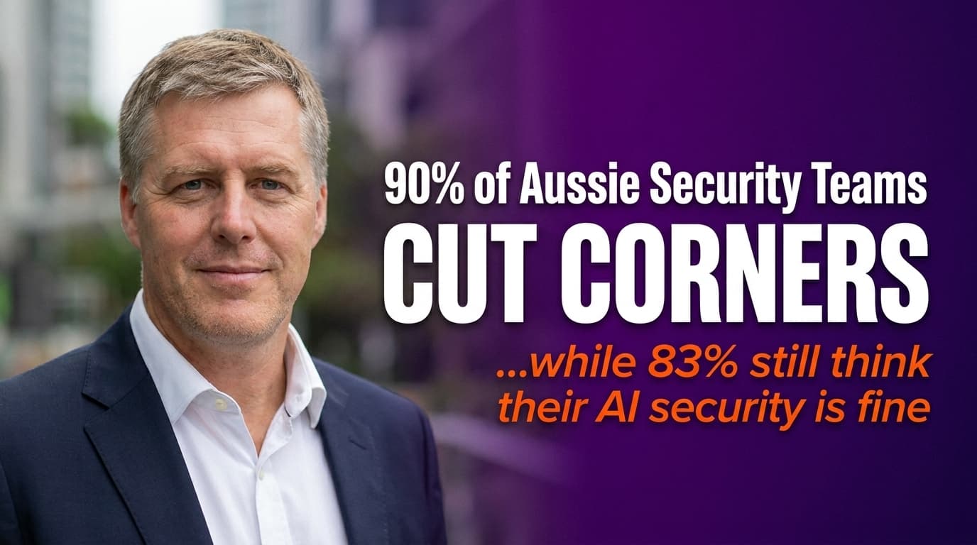 Brett Alegre-Wood presenting alarming Delinea statistics on Australian AI security governance failures and the shadow AI epidemic