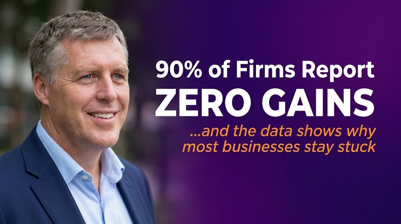 Brett Alegre-Wood with bold headline text stating 90% of businesses report zero AI productivity gains