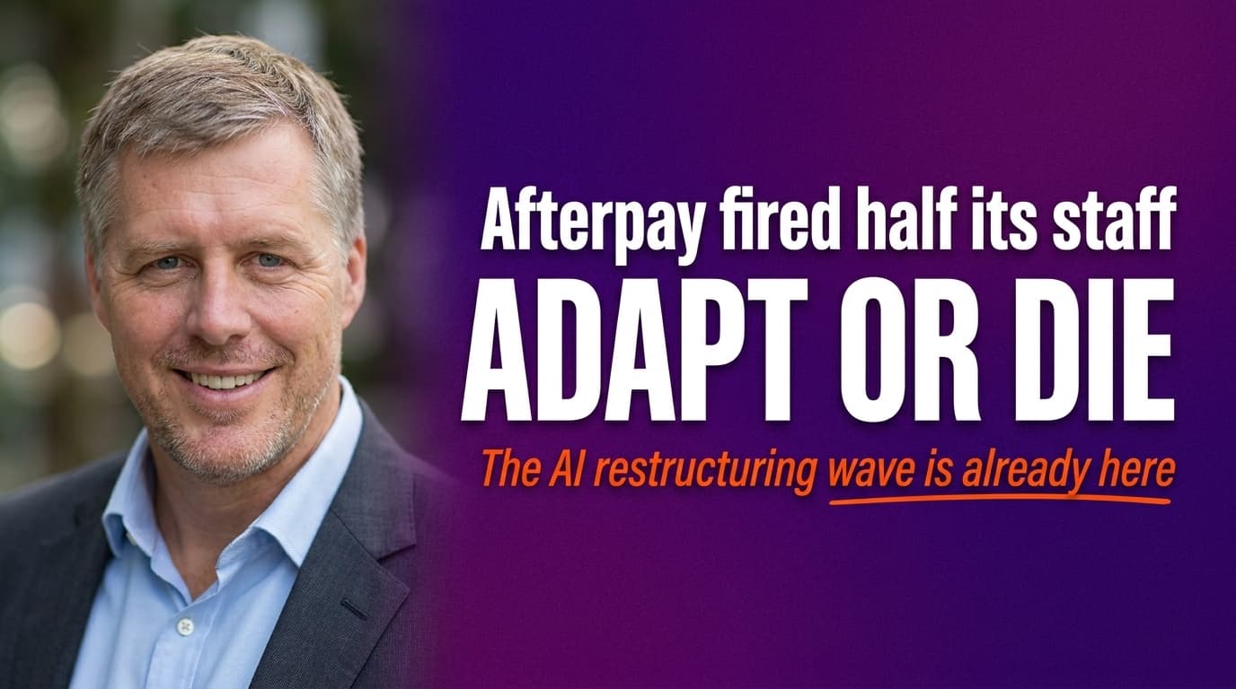 Brett Alegre-Wood beside bold headline: Afterpay fired half its staff as AI restructuring hits Australian tech sector