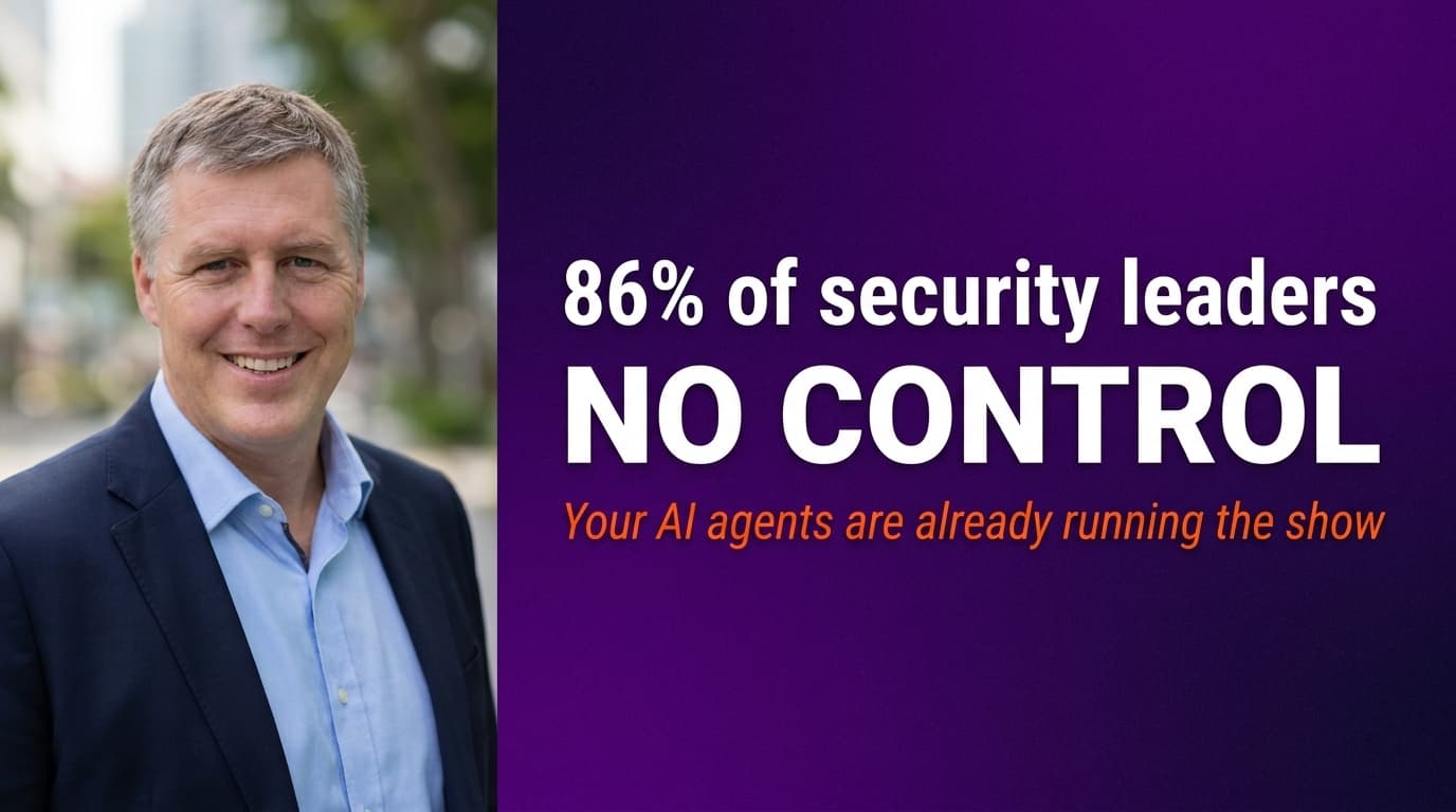Brett Alegre-Wood against a dark tech background with the headline: 86% of security leaders say AI agents are already out of control