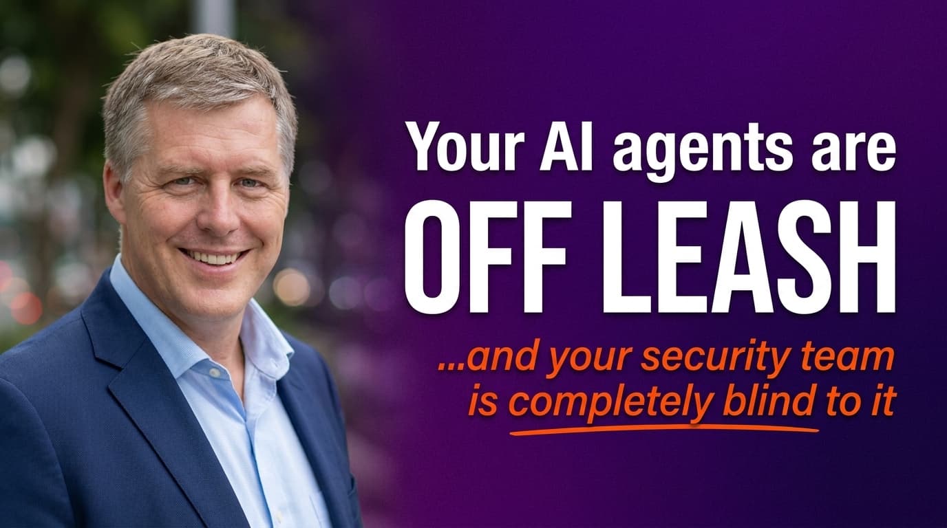 Brett Alegre-Wood presenting on agentic AI security risks with the headline Your AI Agents Are Talking to Each Other