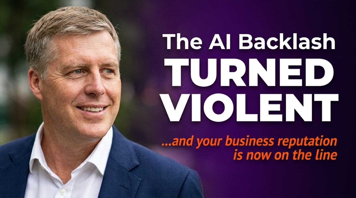 Brett Alegre-Wood with bold headline about the AI backlash turning violent, set against a tech urban backdrop