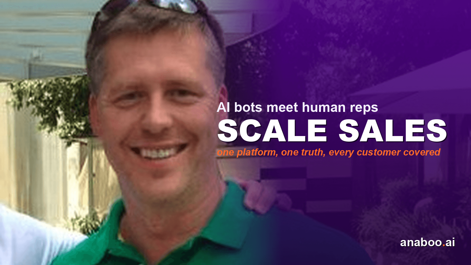 A sales rep reviews a CRM dashboard on a laptop while a voice bot call status indicator glows on a second screen in a modern open-plan office