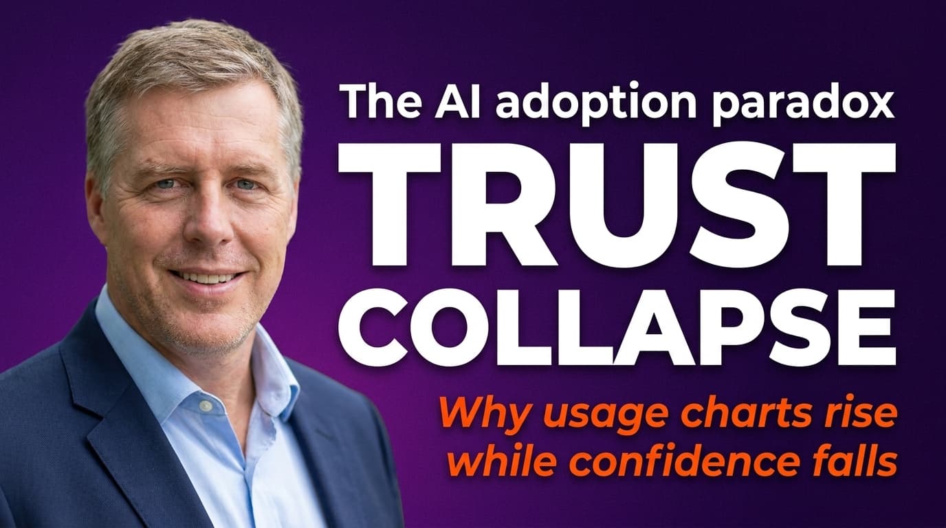 Business leader reviewing an AI adoption dashboard showing rising usage rates alongside falling employee confidence and trust scores in the workplace