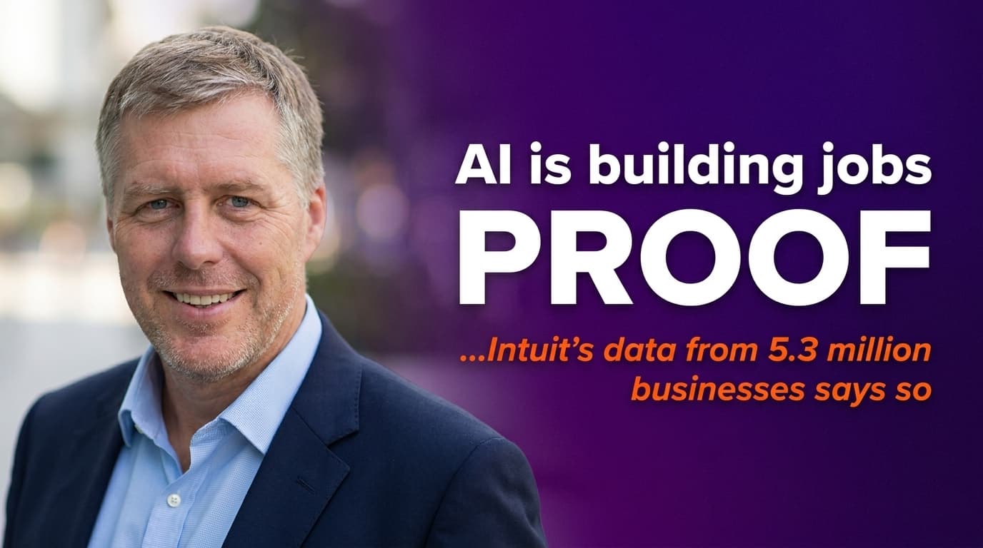 Brett Alegre-Wood presenting Intuit 2026 AI Impact Report findings on SMB AI adoption and job creation