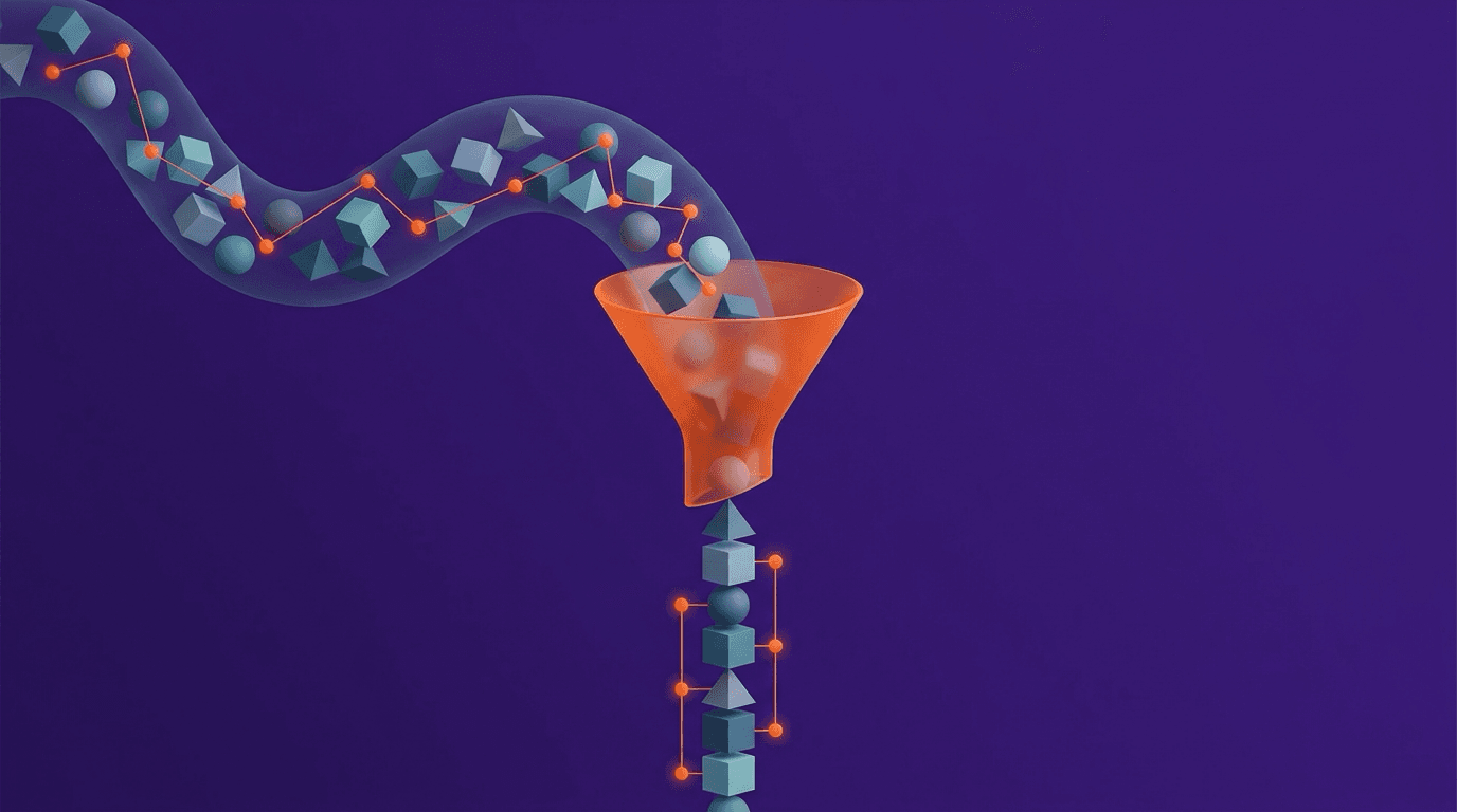 Abstract editorial illustration of orderly purple data blocks flowing into a clean funnel against a deep purple background with bright orange accents.