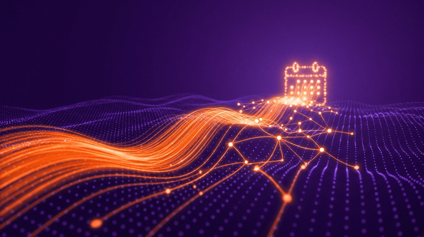 Abstract illustration of dormant contact dots reawakening into glowing booked-call connections in deep purple and orange