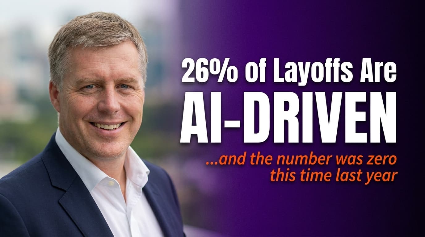 Brett Alegre-Wood presenting headline stat: AI now drives 26% of corporate layoffs according to UBS Global Research