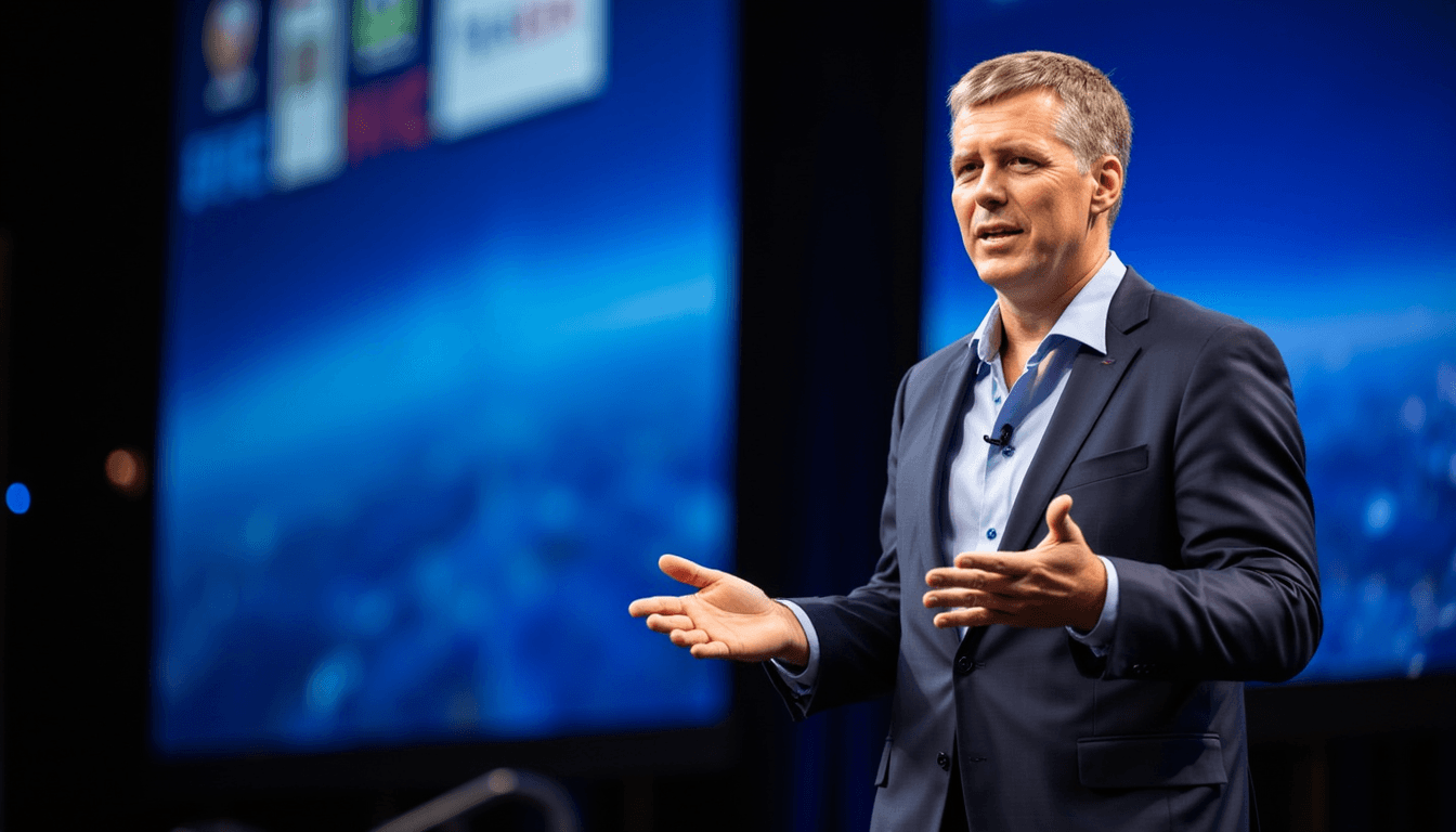 Business leader guiding a team through AI-enabled workforce transformation in a modern open-plan office environment