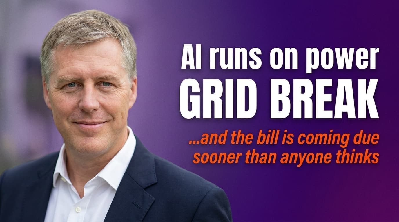 Brett Alegre-Wood against a power grid backdrop with headline: Your AI runs on a grid that's about to break