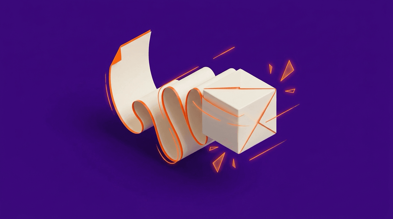 Abstract editorial illustration of a long document folding down into a small compact shape, rendered in deep purple and bright orange
