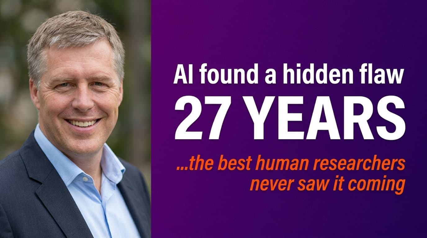 Brett Alegre-Wood against dark background with headline about Claude Mythos finding a 27-year-old critical security vulnerability missed by human researchers