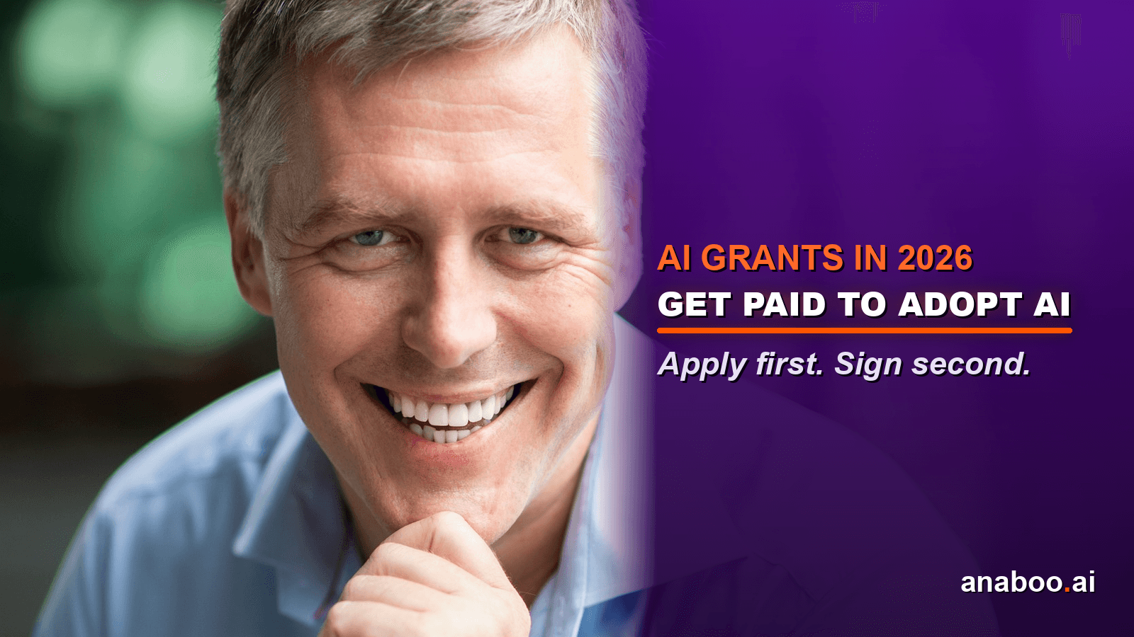 Brett Alegre-Wood beside the headline Get paid to adopt AI, on the topic of AI grants for business
