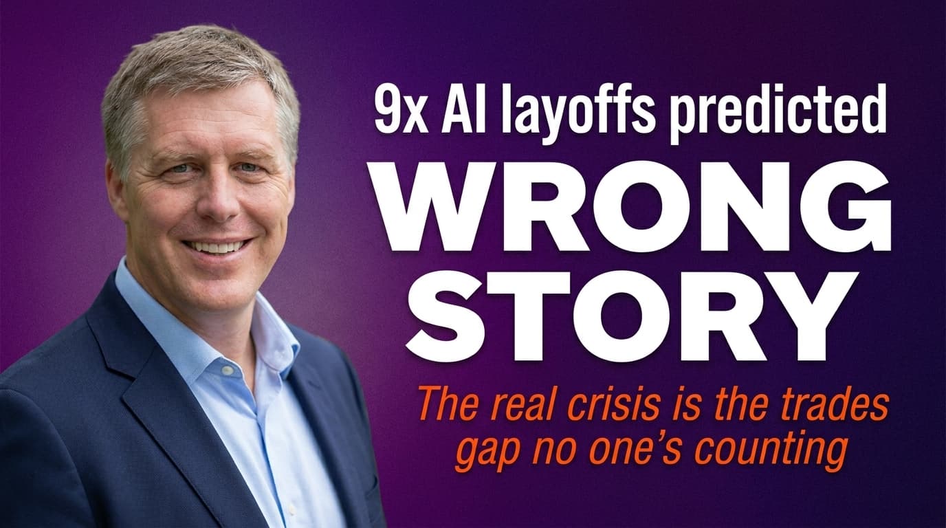 Brett Alegre-Wood alongside headline: CFOs predict 9x AI layoffs but the real workforce crisis is the blue-collar trades shortage