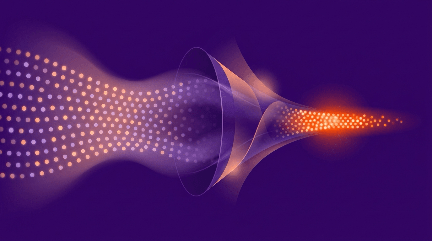 Abstract funnel of glowing dots sorting into a bright shortlist, deep purple background with orange highlights