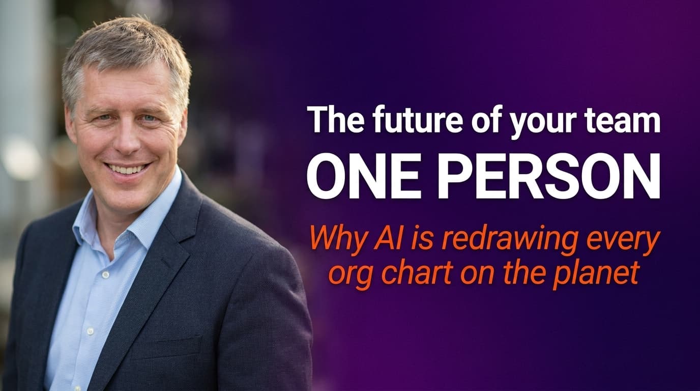 A single person at a desk surrounded by AI agent interfaces, representing the structural shift from large teams to AI-augmented individuals in modern business