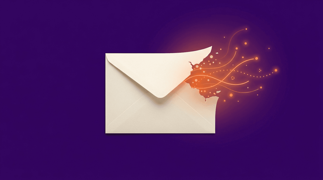 Abstract conceptual illustration of a handwritten-style note merging into flowing digital signals on a deep purple background with bright orange accents