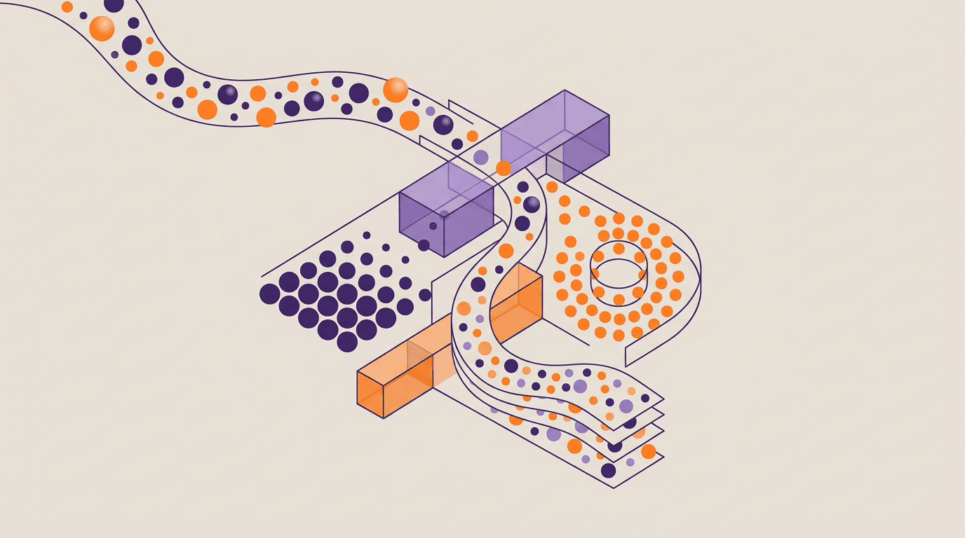 Abstract conceptual illustration of a single contact list splitting into distinct grouped streams flowing through a digital sorting system
