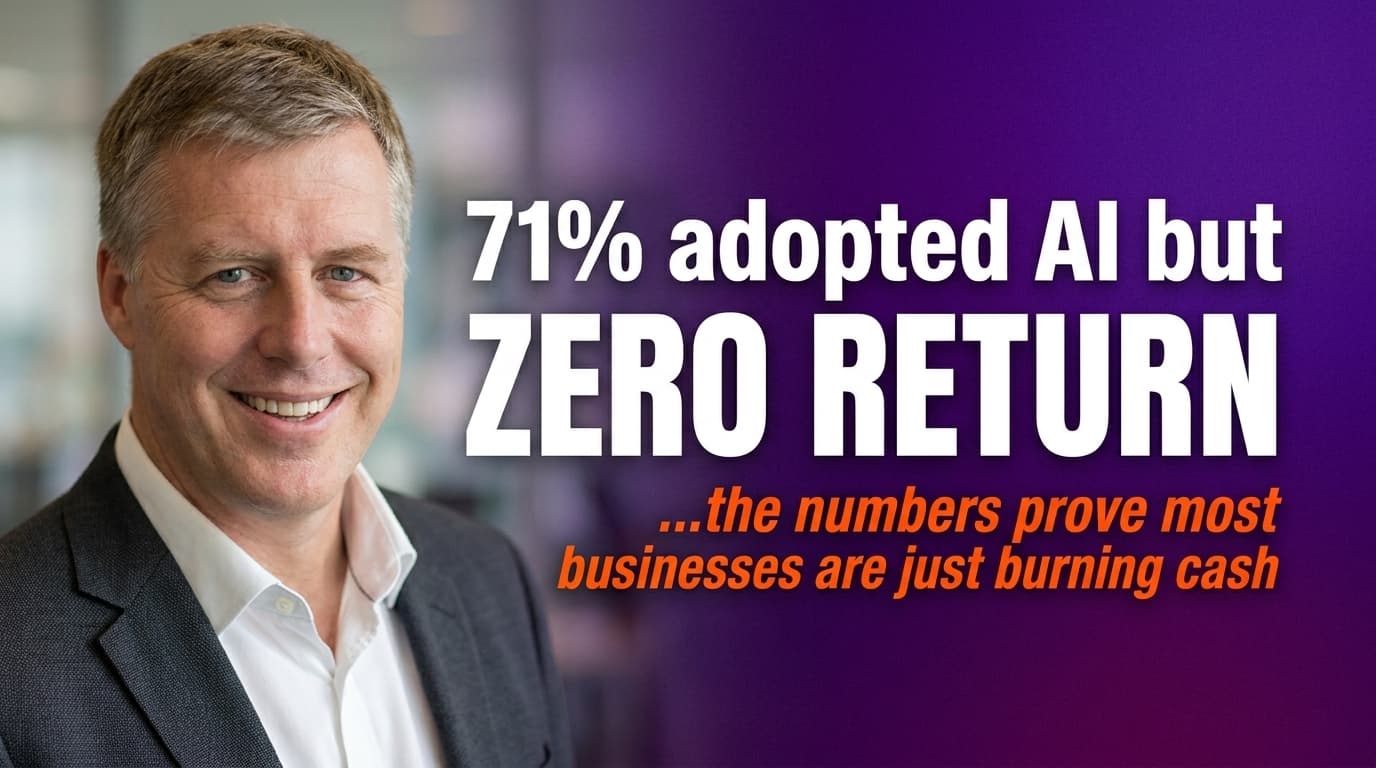 Brett Alegre-Wood beside headline: 71% of UK businesses have adopted AI yet productivity has risen just 0.29% over three years
