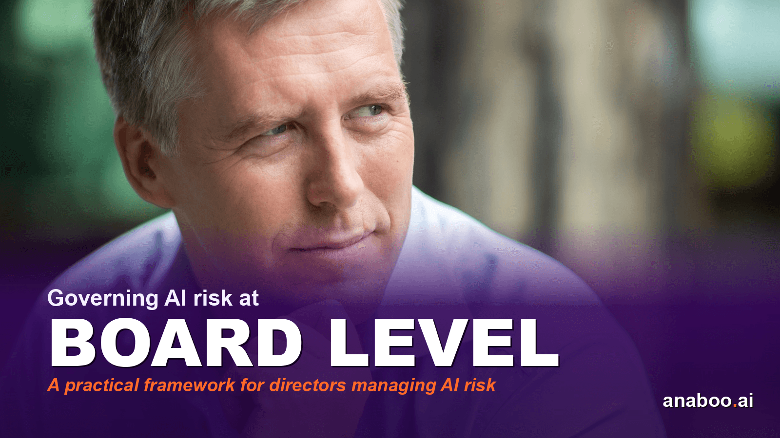 A director in a boardroom reviewing AI risk dashboards on a large screen, natural office light, professional editorial photography, serious expression