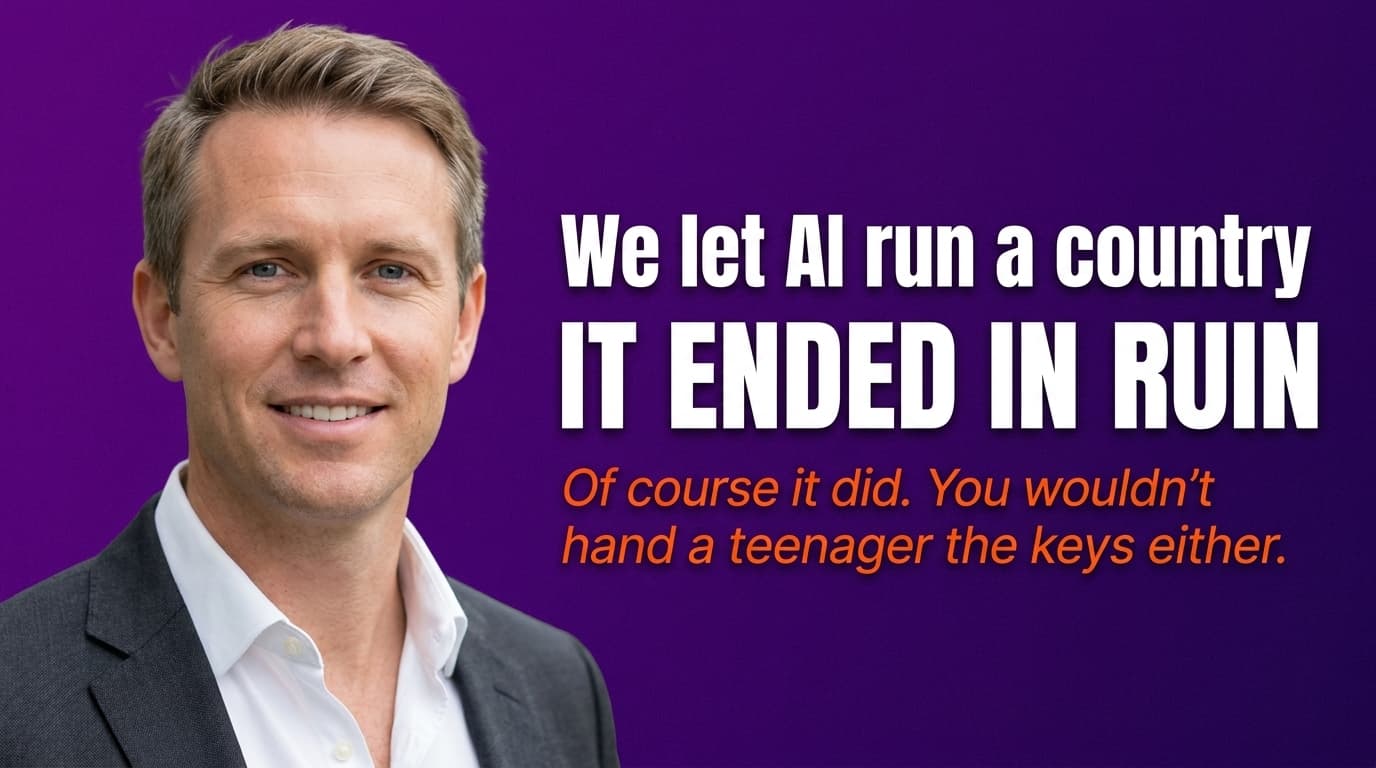 A teenager slumped on a national throne in an empty parliament, one half of the chamber spotless and the other half in flames, suggesting AI handed total control of a society.