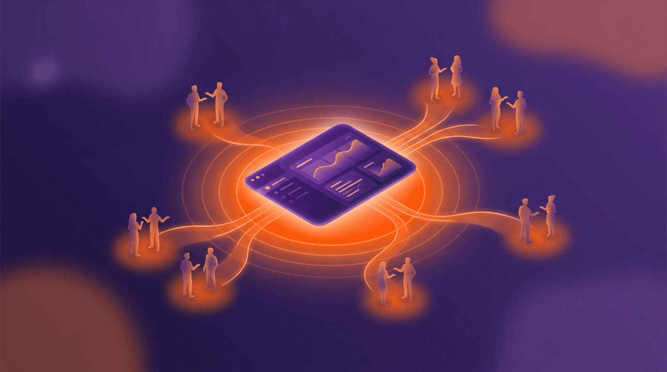 A glowing purple CRM dashboard with abstract orange feedback ripples flowing toward stylised sales conversations