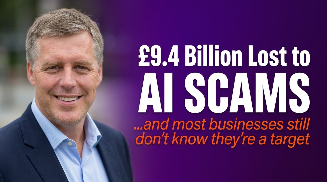 Brett Alegre-Wood against dark background with headline: AI scams cost the UK £9.4 billion, your business is next