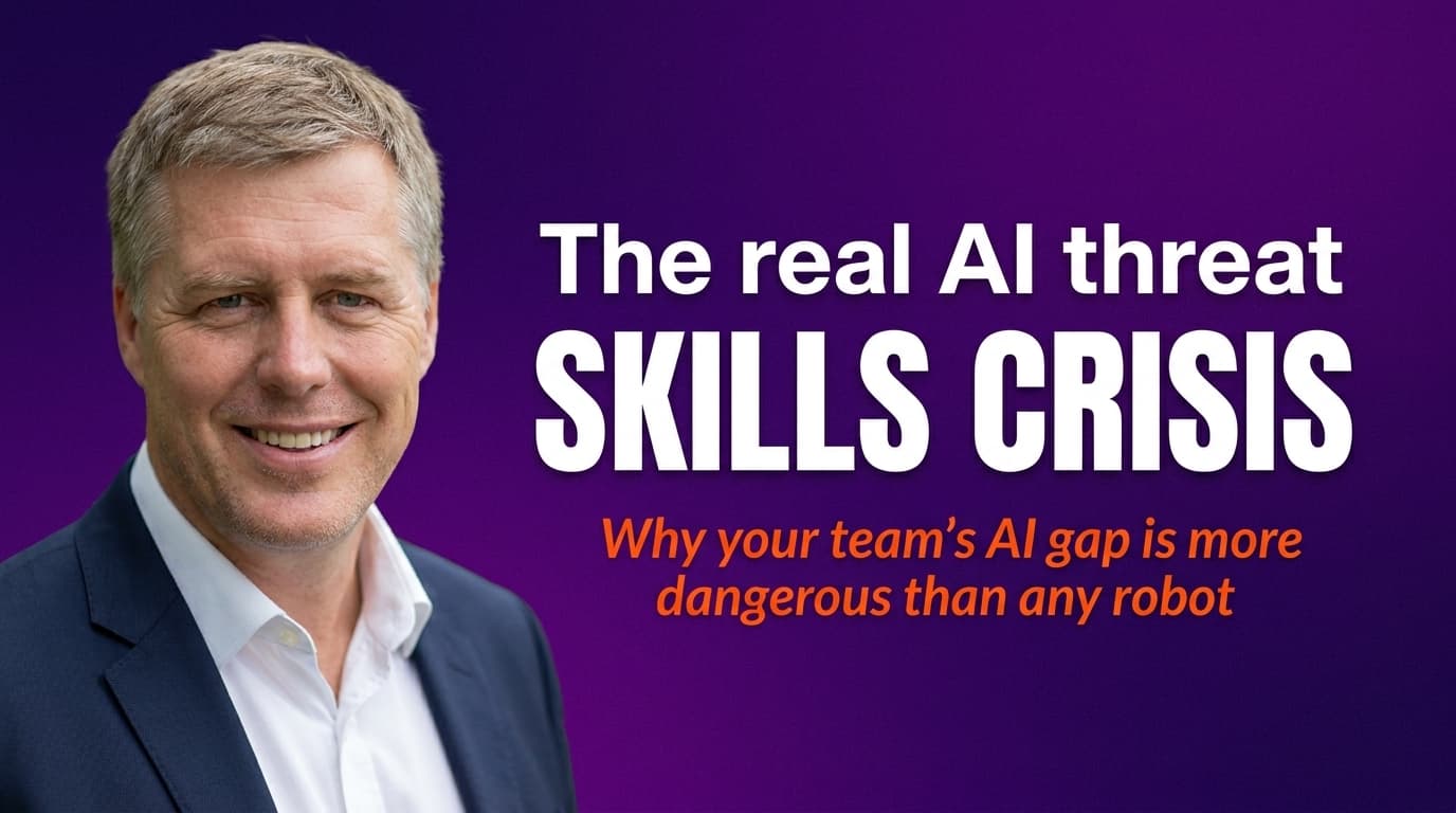 Business team overwhelmed at AI dashboard screens, illustrating the growing AI skills gap affecting UK and Australian workplaces