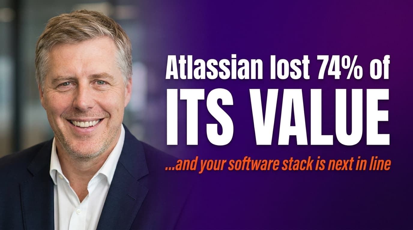 Brett Alegre-Wood next to bold headline about Atlassian losing 74% of its market value and the coming SaaS disruption