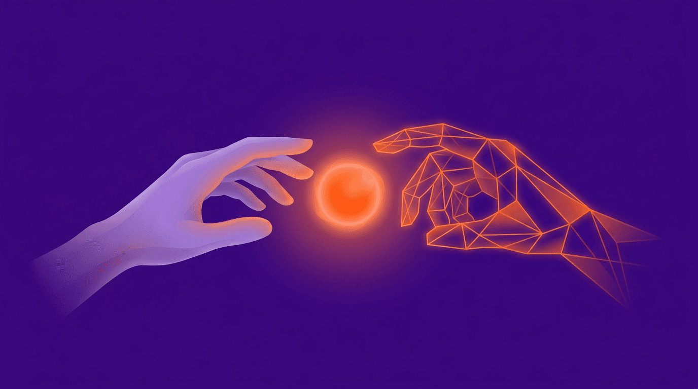 Abstract editorial illustration of a human hand and a machine element working together on a shared decision, in deep purple and bright orange.