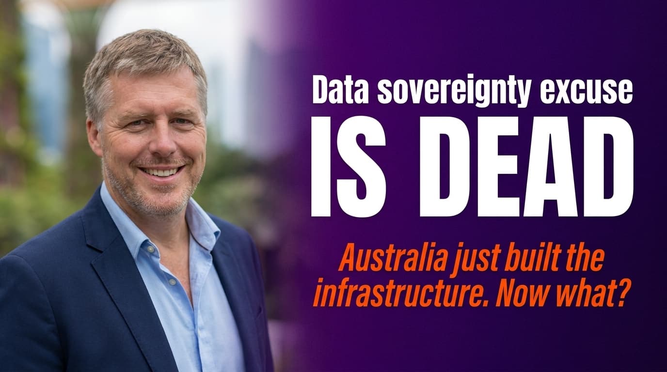 Brett Alegre-Wood presenting with headline: Australia's Sovereign Secure AI Factory is now live onshore