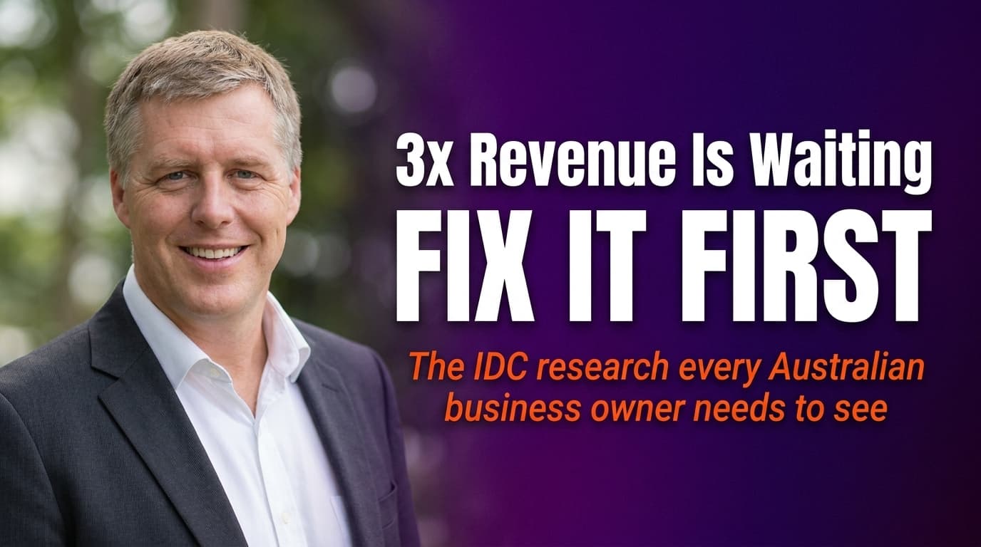Brett Alegre-Wood presenting on the IDC research showing Australian AI leaders can unlock 3x digital revenue by addressing tech debt