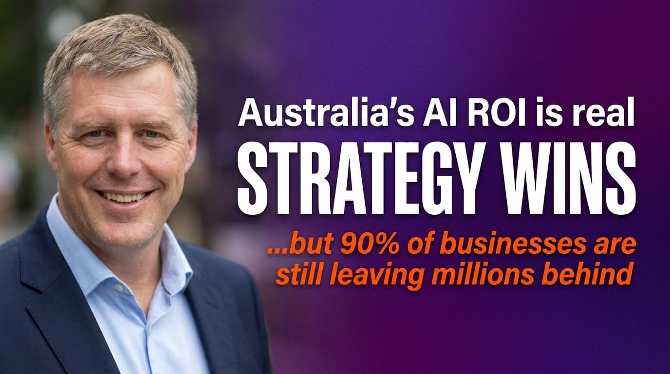 Brett Alegre-Wood presenting Australian AI ROI data showing 15% return and the strategy gap facing most businesses