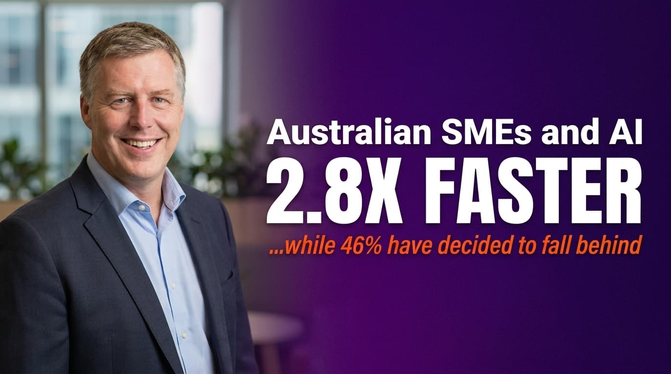 Brett Alegre-Wood presenting MYOB data showing AI-using Australian SMEs growing 2.8 times faster than non-adopters