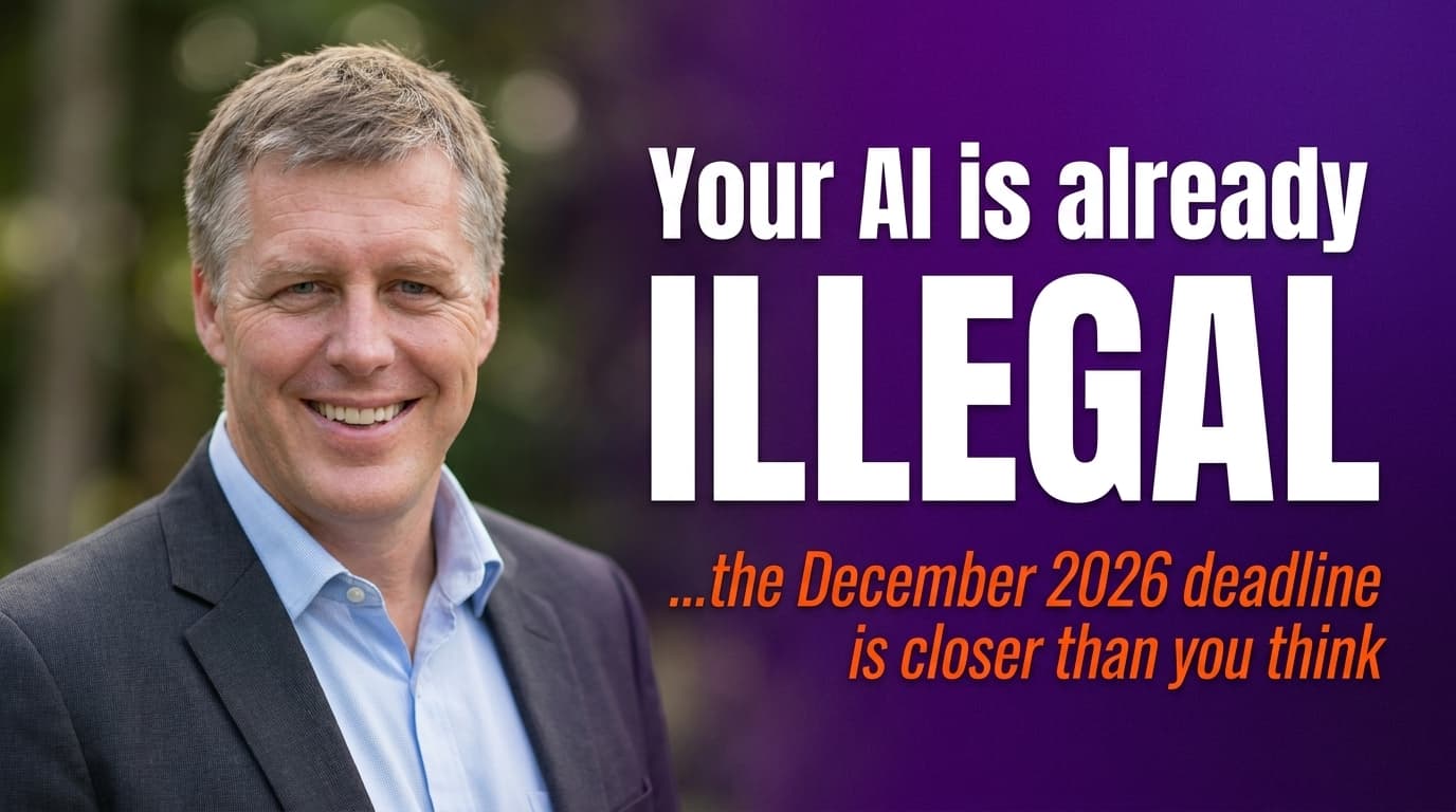 Brett Alegre-Wood with headline text about Australia's Privacy Act 2026 amendments making current AI use non-compliant for most businesses