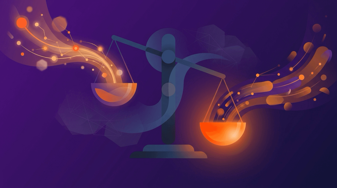 Abstract conceptual illustration of an uneven scale balancing two data streams in deep purple and bright orange.
