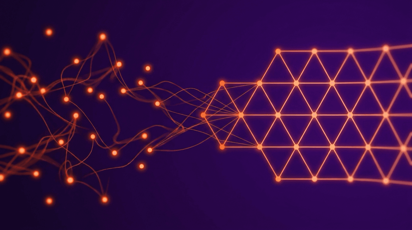 Abstract conceptual illustration of scattered glowing nodes connecting into one organised central structure in purple and orange