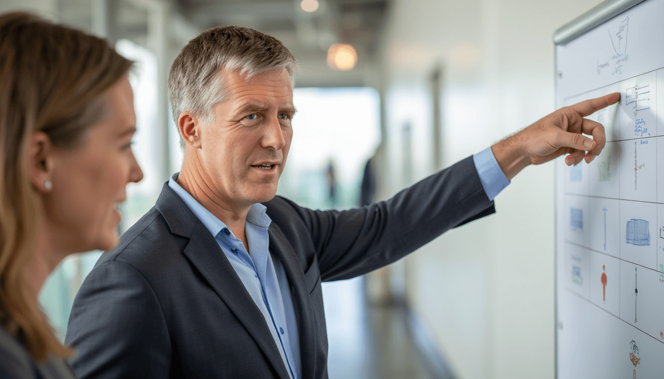 Business leader at a whiteboard weighing build, buy, or partner options for AI implementation strategy
