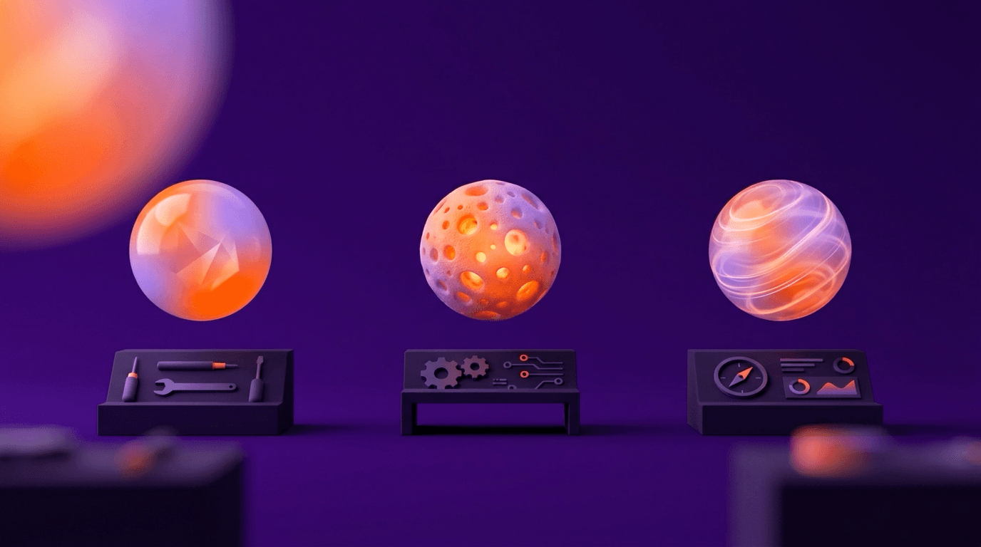 Three abstract glowing orbs in purple and orange, each a different size, arranged as if doing separate jobs on a clean dark desk surface.