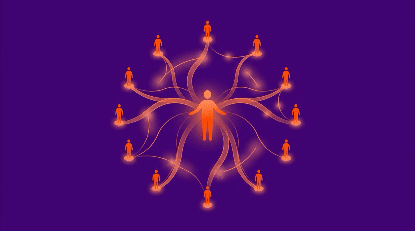 Abstract conceptual illustration of one glowing figure's knowledge flowing outward to many connected figures in deep purple and bright orange