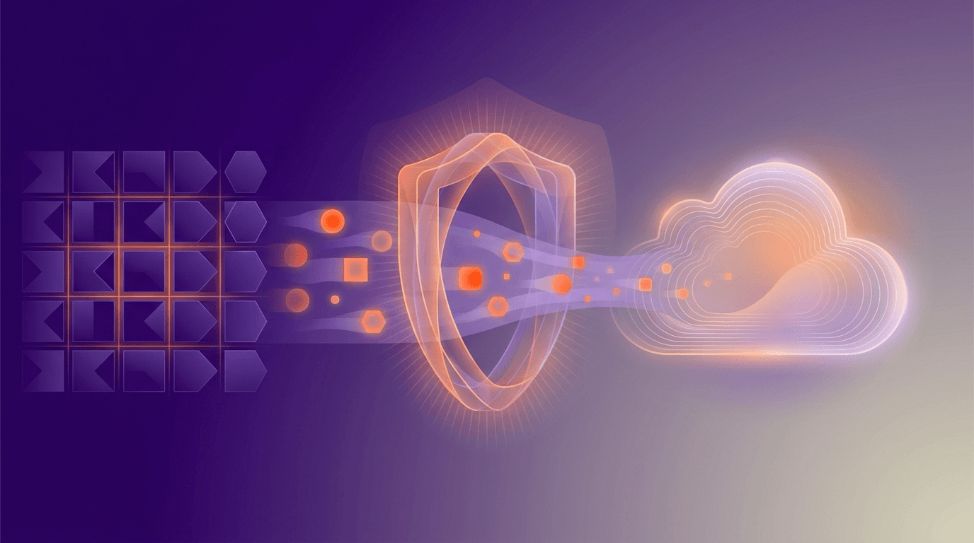 Abstract illustration of a customer database flowing through a glowing gateway into an AI system, in deep purple and bright orange tones