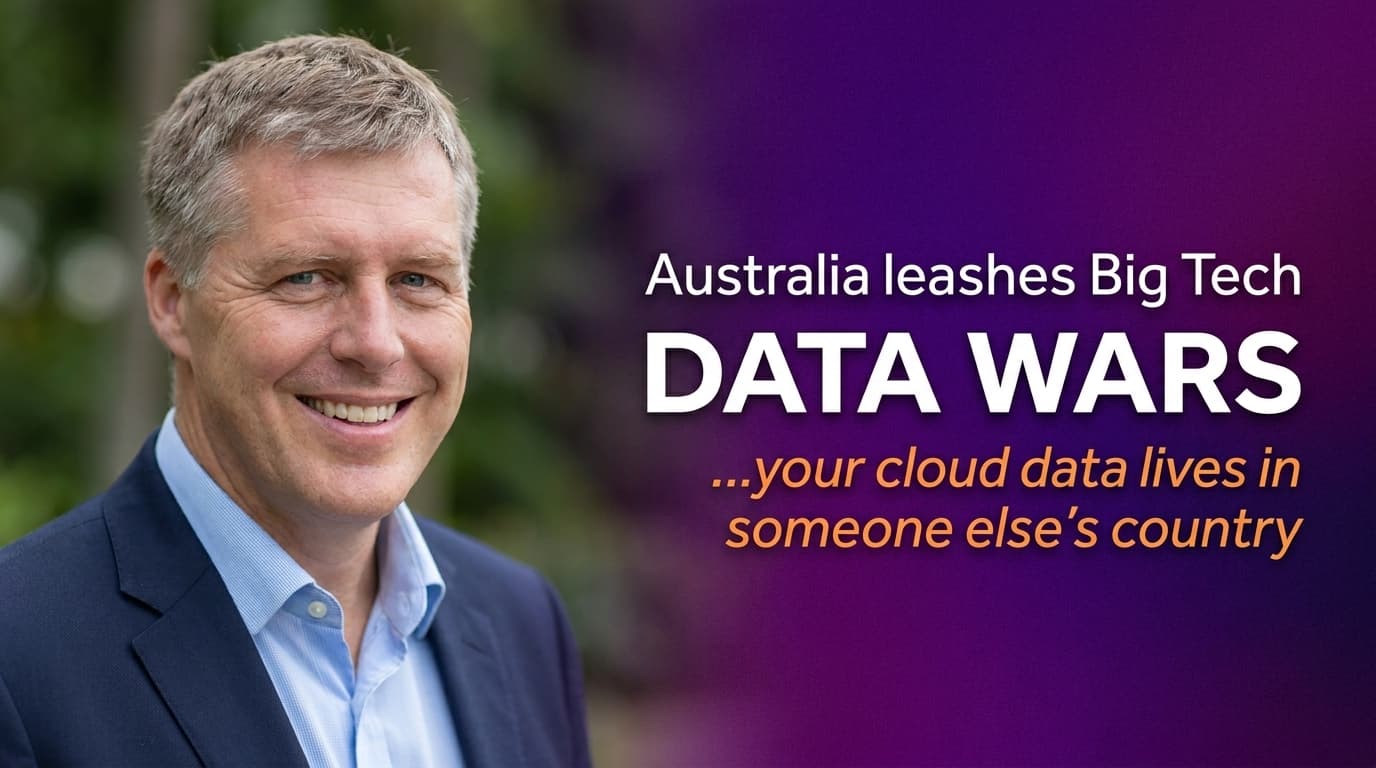 Brett Alegre-Wood with bold headline overlay about Australia's AI data sovereignty crackdown and what it means for business owners