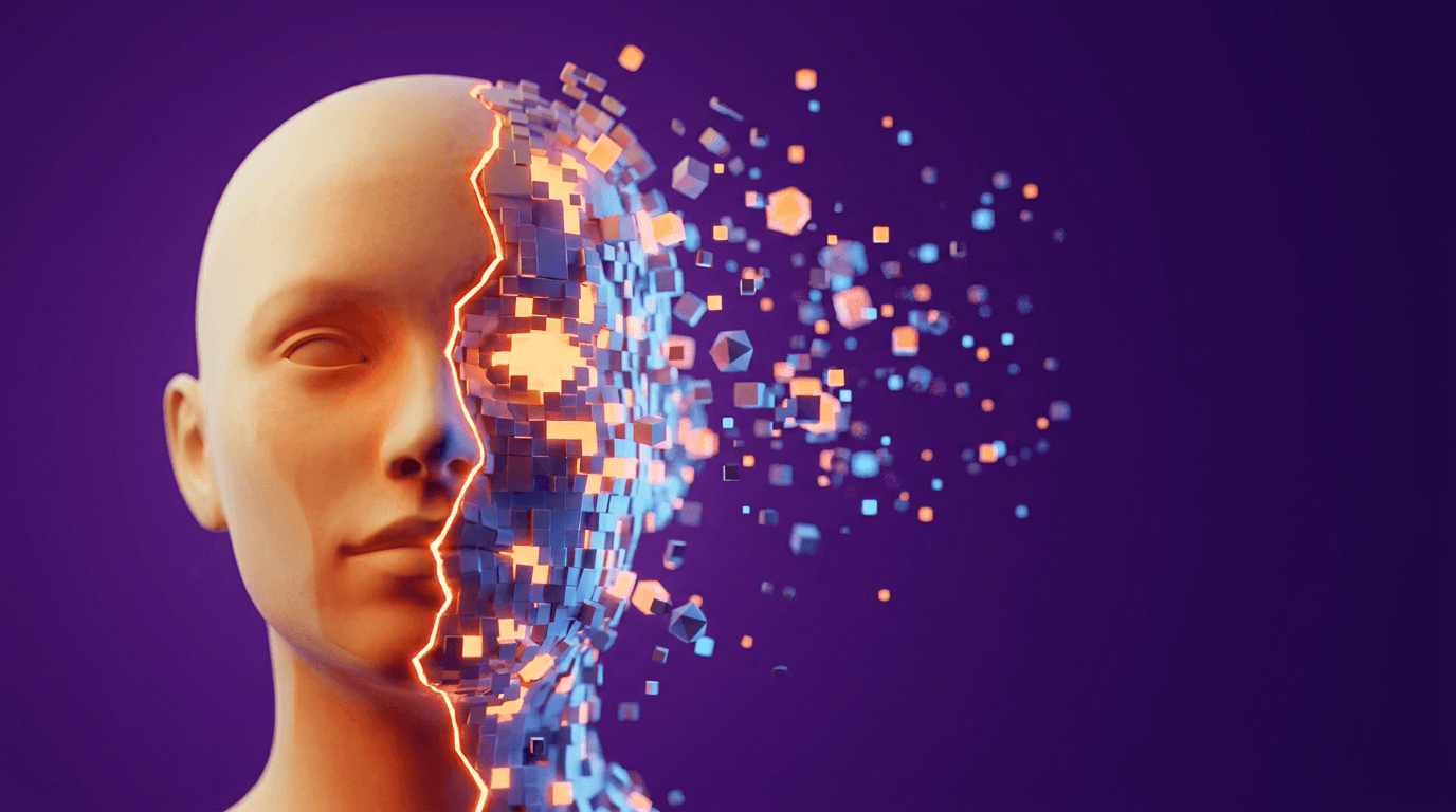 Abstract conceptual illustration of a fractured digital human face split into authentic and synthetic halves in deep purple and bright orange tones