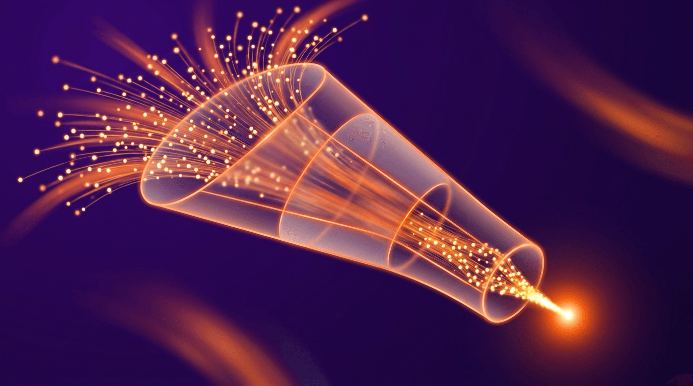 Abstract conceptual illustration of a fast-moving pipeline funnelling glowing dots from many entry points into a single clean output, in deep purple and bright orange.