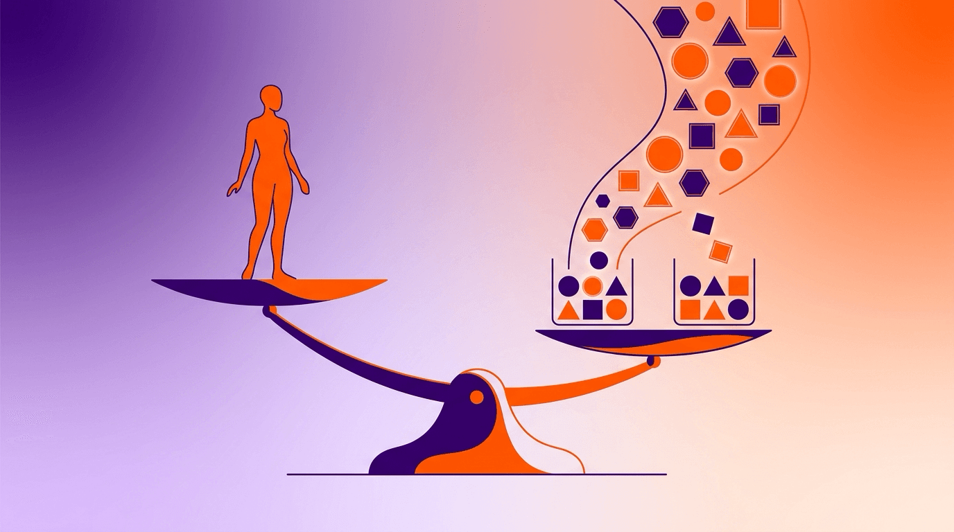 Abstract conceptual image of a human figure and a digital sorting process balanced together, in deep purple and bright orange tones.