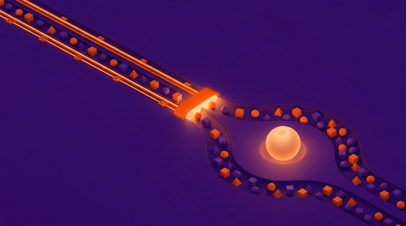 Abstract editorial illustration of a marketing workflow split into automated and human-led paths in purple and orange