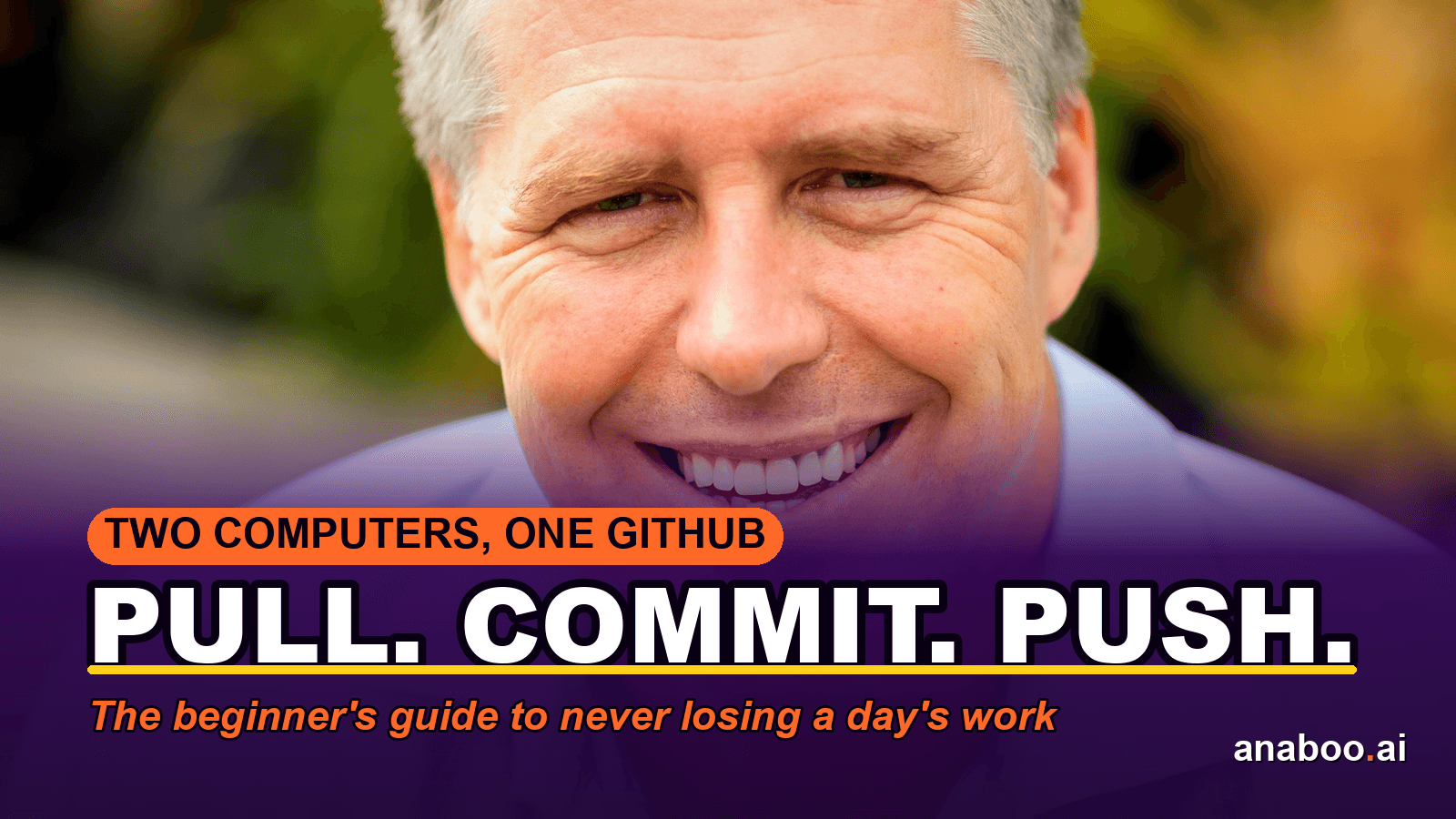 Brett Alegre-Wood smiling directly at the camera against a purple background with the words Pull. Commit. Push.