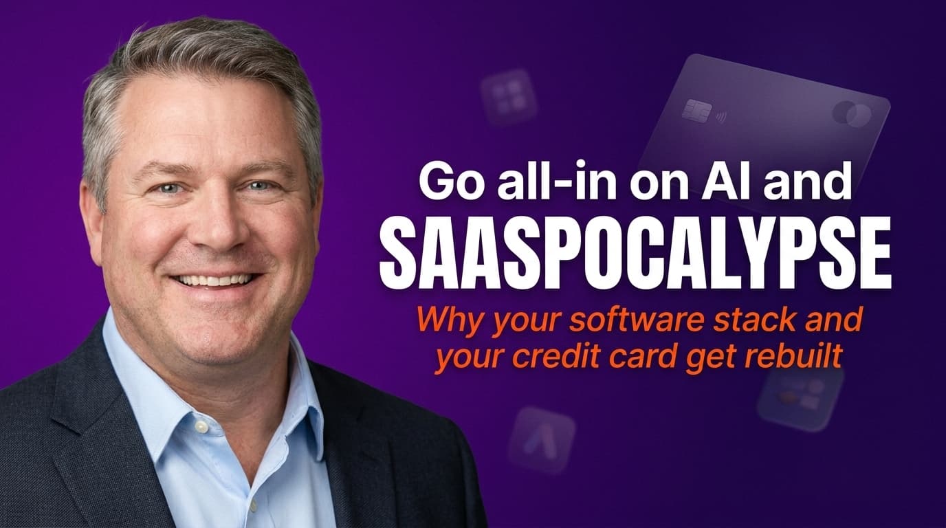 Brett Alegre-Wood in a navy jacket beside bold white 'SaaSpocalypse' text on a deep purple background with faint credit cards, illustrating how going all-in on AI rebuilds your software stack