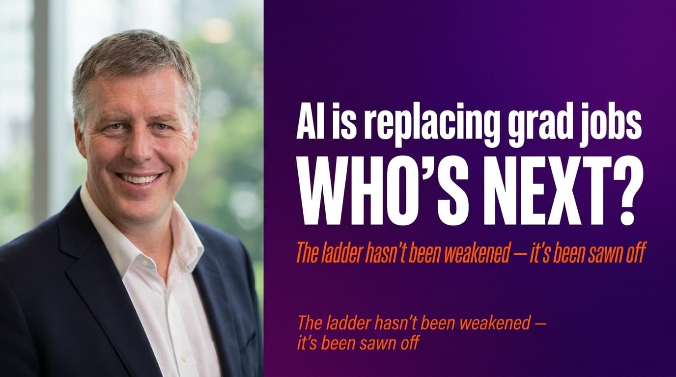 Brett Alegre-Wood with bold headline text about AI agents replacing graduate and senior corporate roles