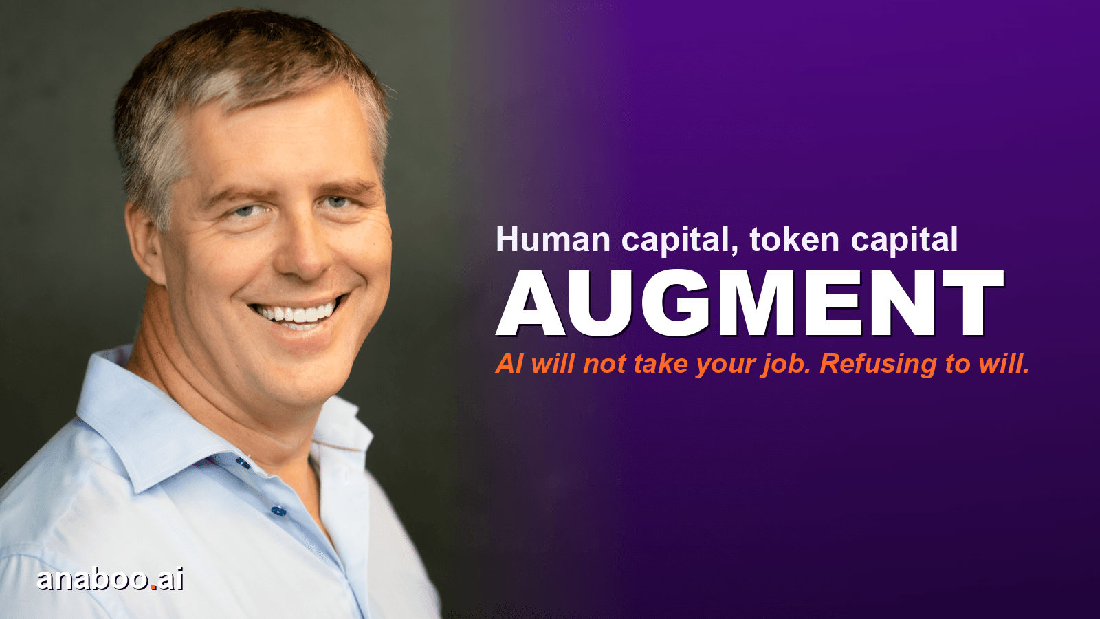 Brett Alegre-Wood beside bold white text reading Augment, on a deep purple gradient, for an article on human capital, token capital and augmenting your firm with AI.